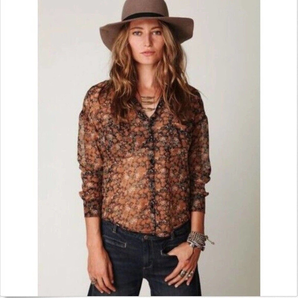 Free People Multicolor Floral 100% Poly Long Sleeve Button Sheer Blouse Sz M